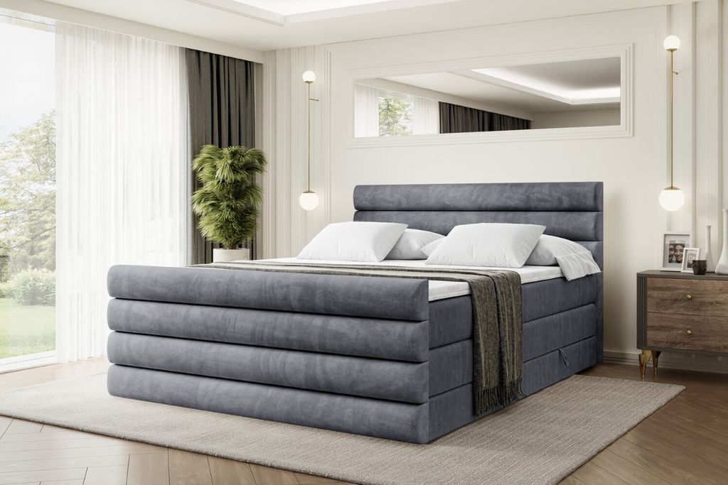 ALTDECOR Boxspringbett mit Fußteil, 2 Matratzen und Topper - 160x200 cm - CELESTIA-Z KING - Dunkelgrau Samt - Polsterbett mit, H3- und H4- Matratz...