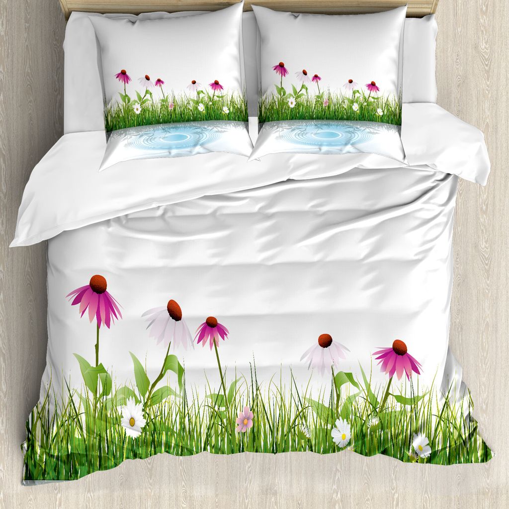 ABAKUHAUS Blume Bettbezug, Cartoon Blumen See, Milbensicher Allergiker geeignet mit Kissenbezügen, 155 cm x 220 cm - 80 x 80 cm, Mehrfarbig