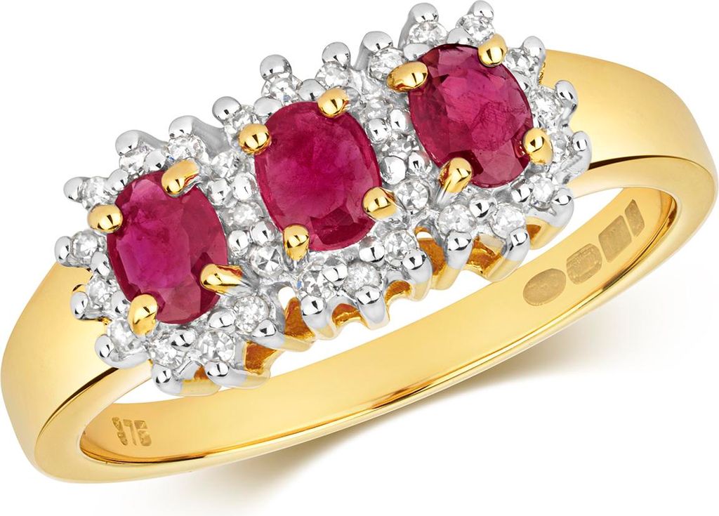 Moderner 9 Karat (375) Gold Trilogie Diamant Damenring Brillant-Schliff 0.13 Karat H - PK mit Rubin, 54 (17.2); TRS28762RSN