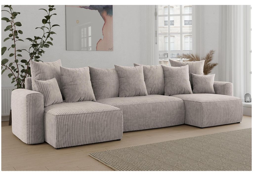 MEBLINI Schlafcouch mit Bettkasten - 312x142x73cm - Beige Cordstoff - DAVE - Ecksofa mit Schlaffunktion - Sofa mit Relaxfunktion und Kopfstützen -...
