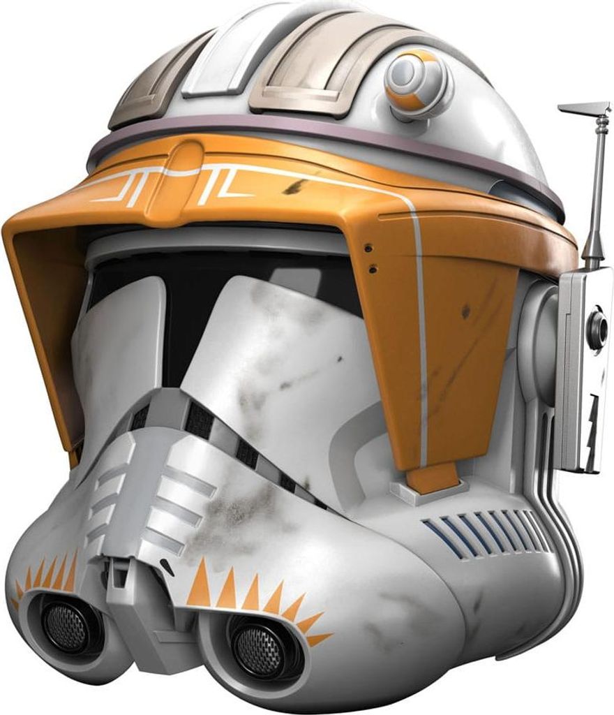 A close-up, front-facing view of a Star Wars Clone Commander Cody helmet.