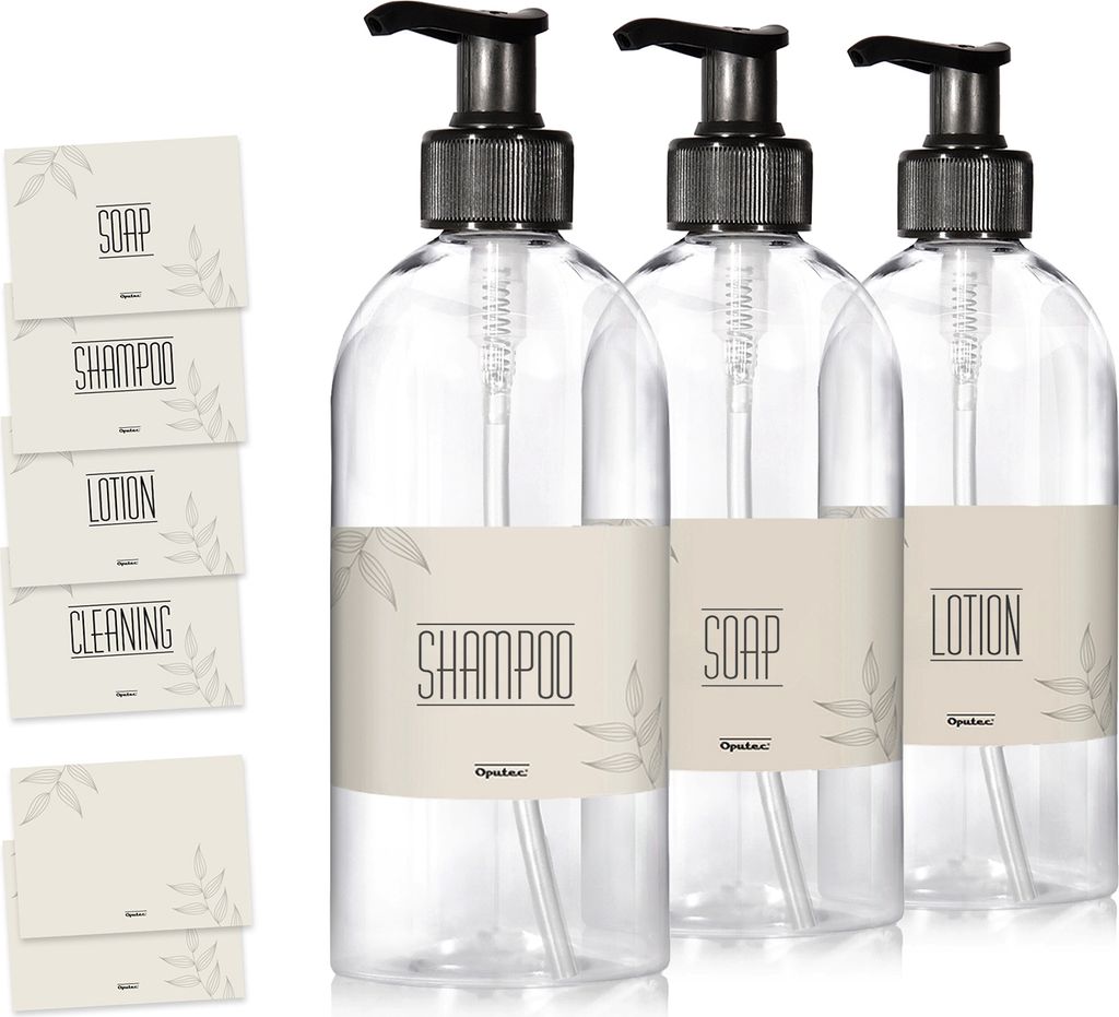 Oputec 3 x 500ml Seifenspender aus Kunststoff + Etiketten: Shampoo Flaschen zum Befüllen als Duschgel Spender, Pumpspender, Pumpflasche - Küche B...