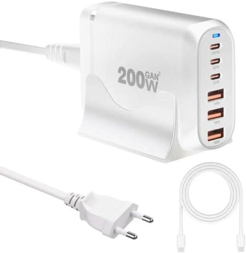 Chargeur GaN 200W 6 ports avec Power Delivery et Câble 100W haute performance