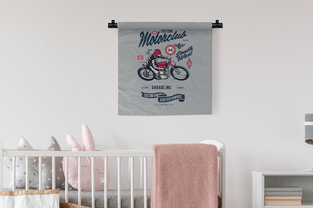 MuchoWow Wandteppich Wandbehang Motorrad - Helm - Vintage - Zeichnung 60x60 cm Tapisserie Dekoration Wandtuch - Dekorationen - Wand Decke