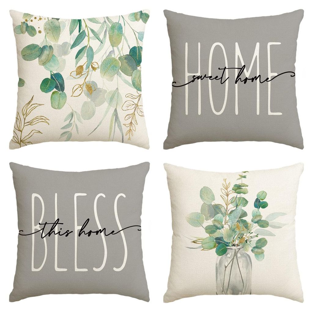 Set mit 4 Kissenbezügen mit Eukalyptusblattmotiv, 40x40 cm, dekorative Kissenbezüge für Sofa und Wohnzimmer, perfekt für die Sommersaison.