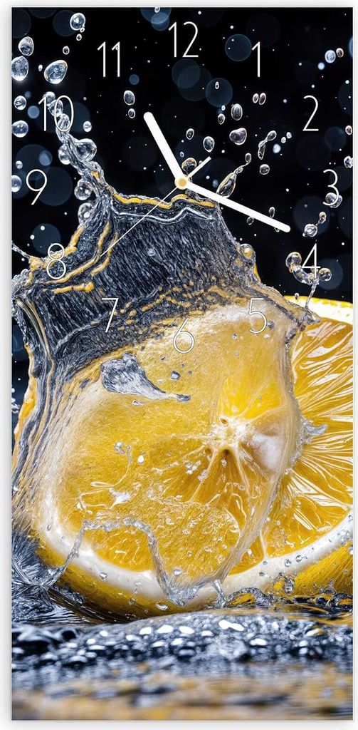 Wanduhr aus Glas mit Motiv Zitronenspritzer- 30 x 60 cm - inkl. Aufhängesystem