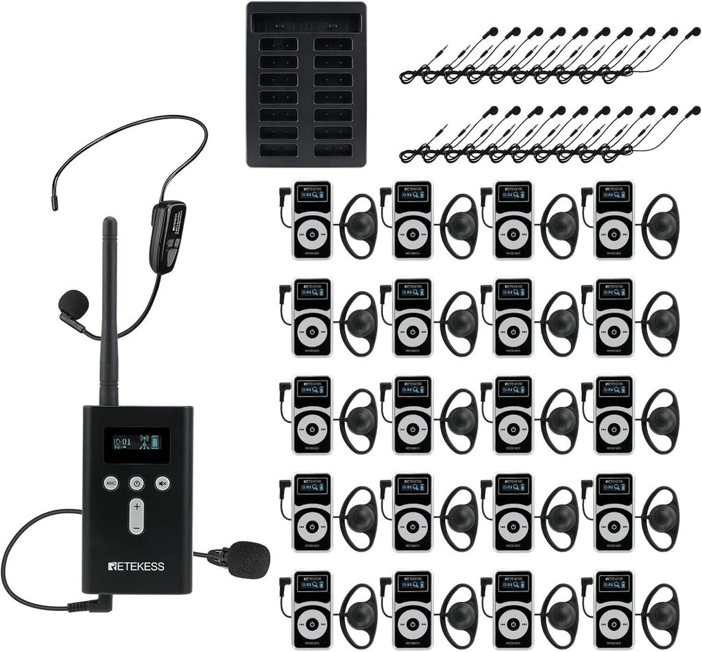 A collection of audio tour guide system components, including a base station, multiple receivers with earbuds, and charging accessories, arranged on a white background.