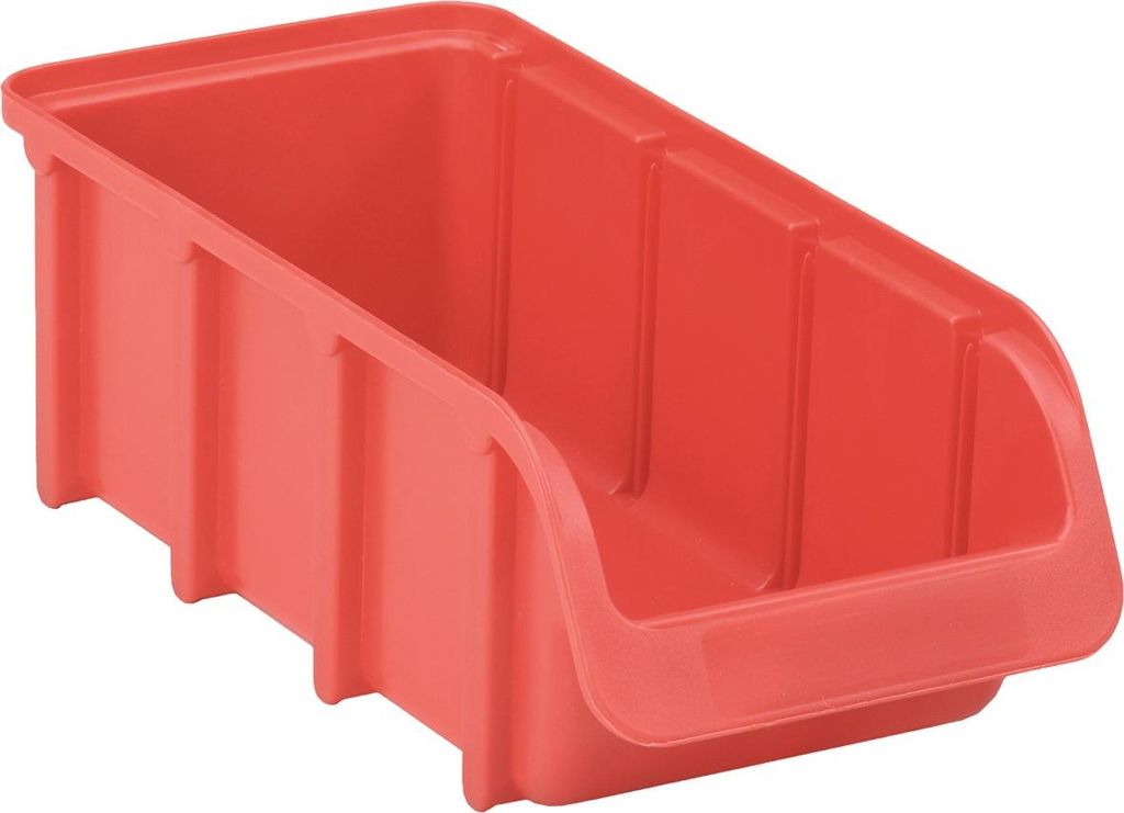 A red storage bin is shown against a white background.