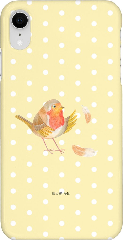 Mr. & Mrs. Panda Iphone XR Handyhülle Rotkehlchen Federn - Gelb Pastell - Geschenk, Lustige Sprüche, Vogel, Motivation, fliegen, Handy Case, Spru...