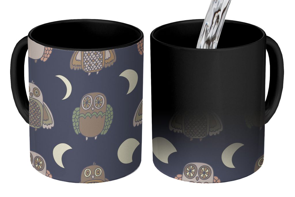 KitchenYeah Zauber Tasse Zaubertasse Magic Eule - Muster - Mond 350 ml Farbwechsel Becher Geschenk Geschenkidee - Magic-Tasse - Fototasse - Keram...