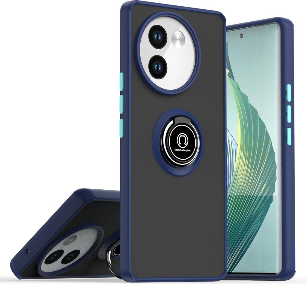 Hülle für Vivo V40 Lite 5G Matte Transluzent TPU Stoßfest Schutzhülle mit Ring Halter Ständer Blau