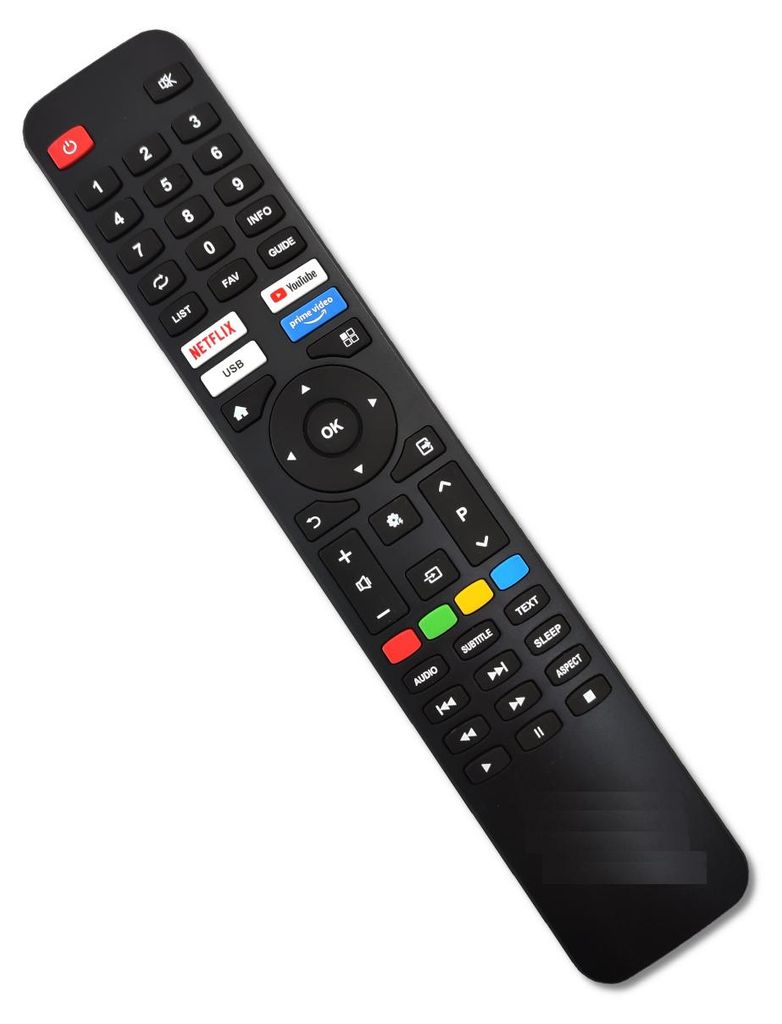 A black remote control is shown diagonally against a white background.