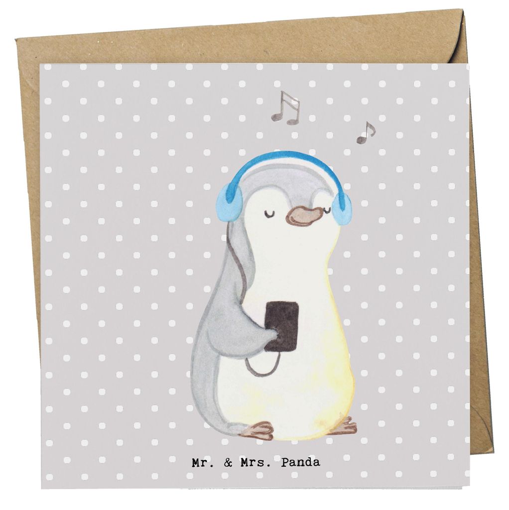 Mr. & Mrs. Panda Grußkarte Pinguin Musik hören - Grau Pastell - Geschenk, Glückwunschkarte, Klappkarte, Lieblingssong, anlasskarte, faltkarte, d...