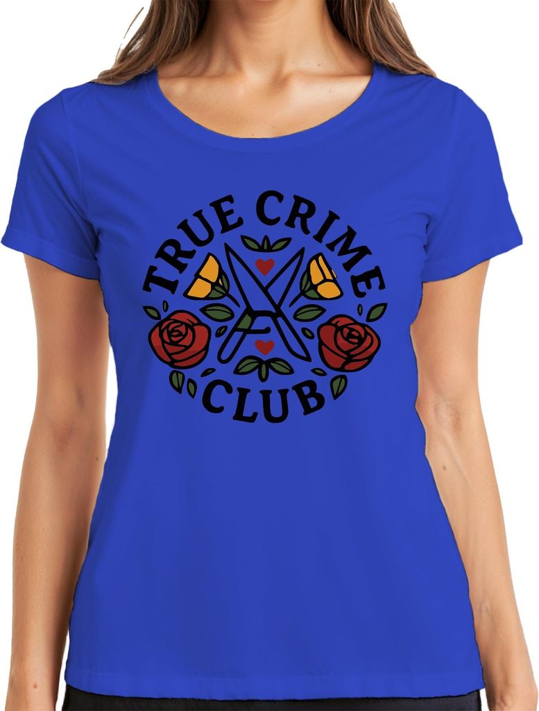 True Crime Club Rosen Schere Herz Gothic Krimi Geschenk Vintage Damen T-Shirt, Blau, S