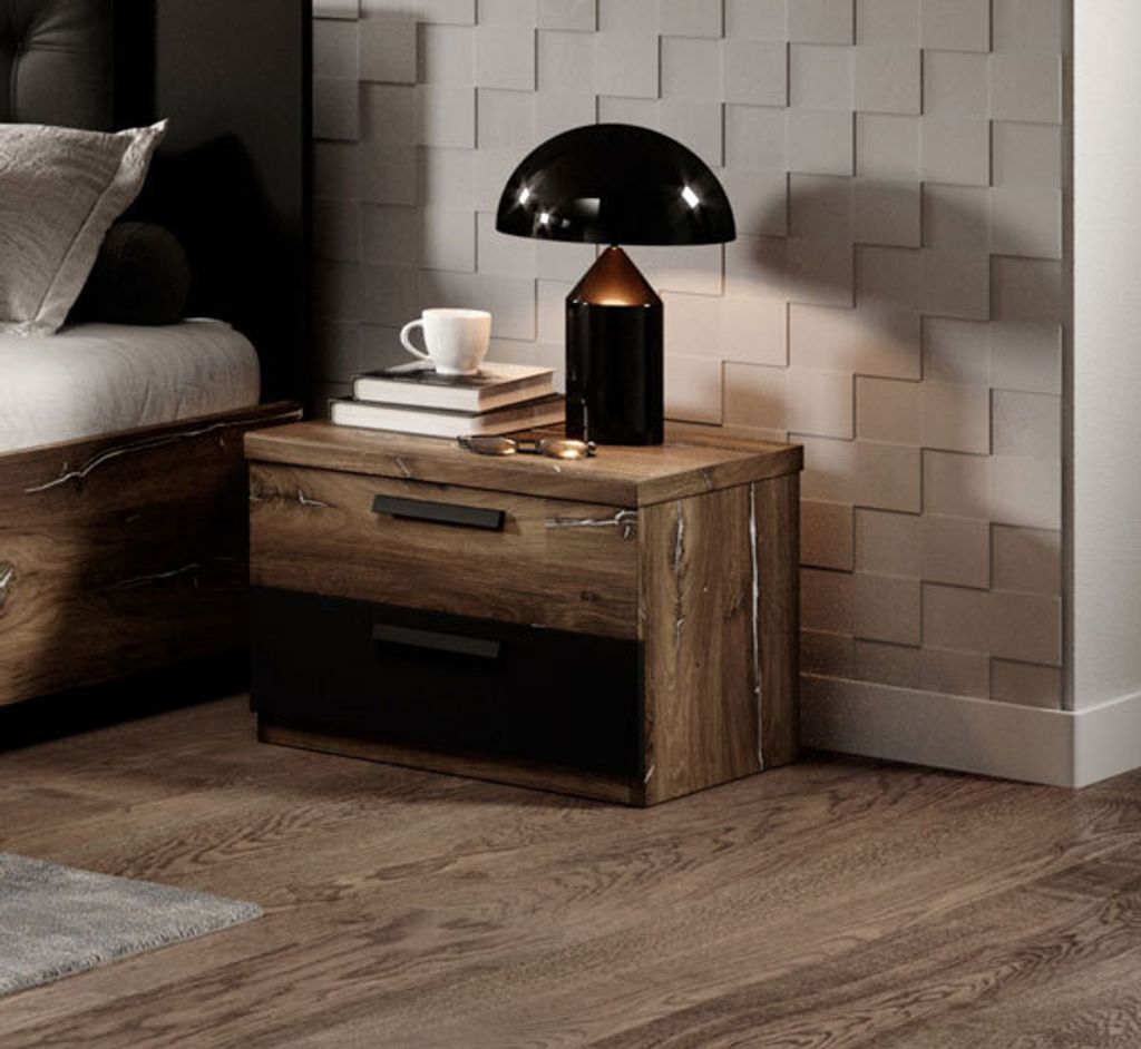 2er-Set Nachtkonsolen Nachtschrank Sigma 46cm Farbe Flagstaf Eiche dunkel - silber App. / schwarz