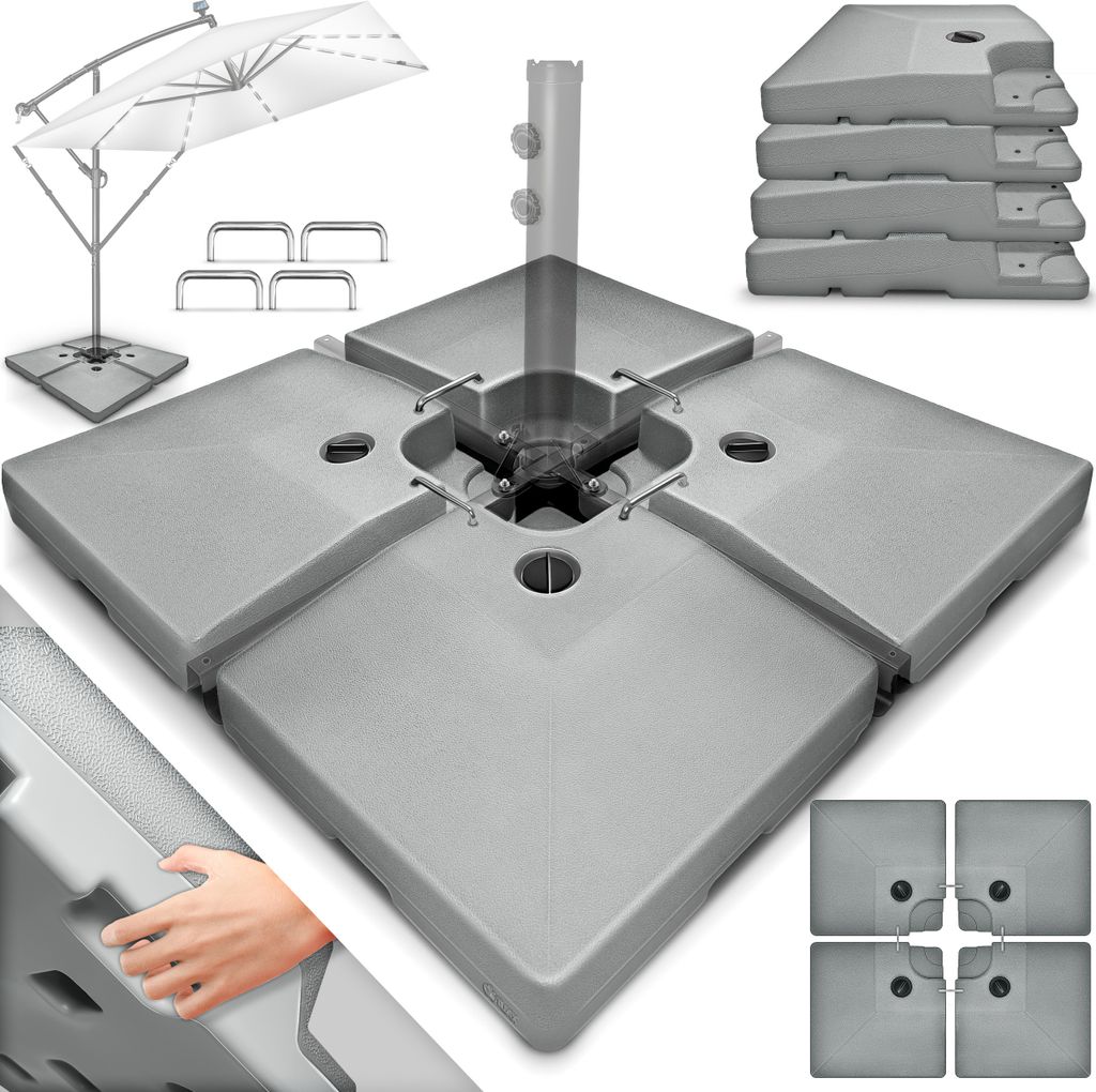 tillvex Sonnenschirmständer Grau 90 Liter / 120 kg – 4-teilig für Ampelschirm inkl. Metallverbinder | Schirmgewicht befüllbar mit Wasser ode...