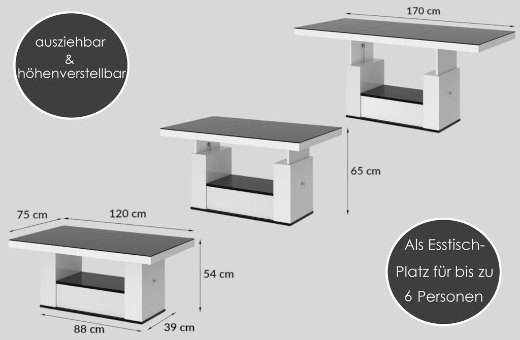 Design Couchtisch Tisch HM-111 Hochglanz Schublade höhenverstellbar ausziehbar Esstisch