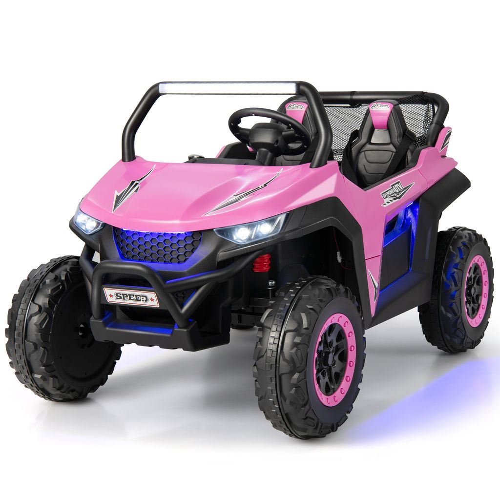 A pink ride-on toy car for children, shown from a front-diagonal angle against a white background.