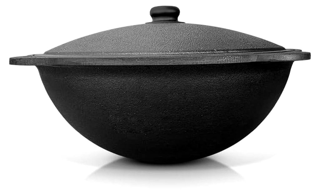 Gusseisen-Kazan mit Aluminiumdeckel | Usbekischer Wok mit rundem Boden für Feuerstelle und Grill | Robuster Schmortopf für Outdoor-Camping und BB...
