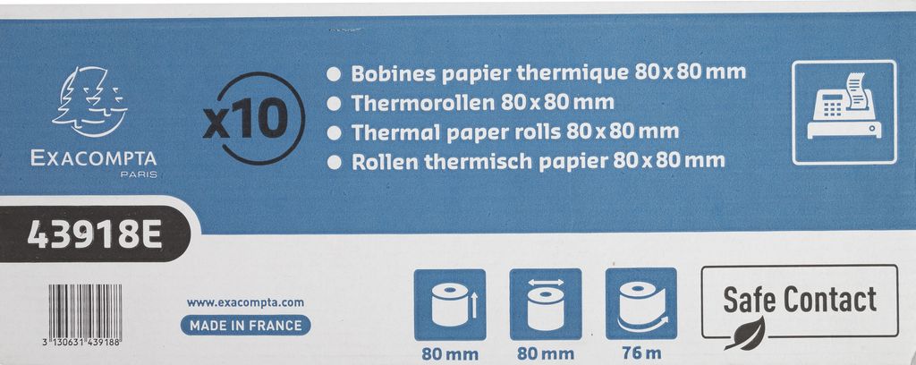 Exacompta 30x thermische Kassenrolle 80x80mm 76m 1-lagig 52g/m2 Weiß 43918E