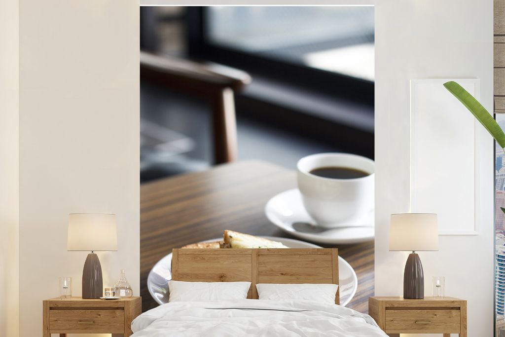 MuchoWow Fototapete für Wohnzimmer oder Schlafzimmer Wandtapete Vinyl Motivtapete Toast mit Kaffee zum Frühstück - 195x300 cm - Das Hintergrun...