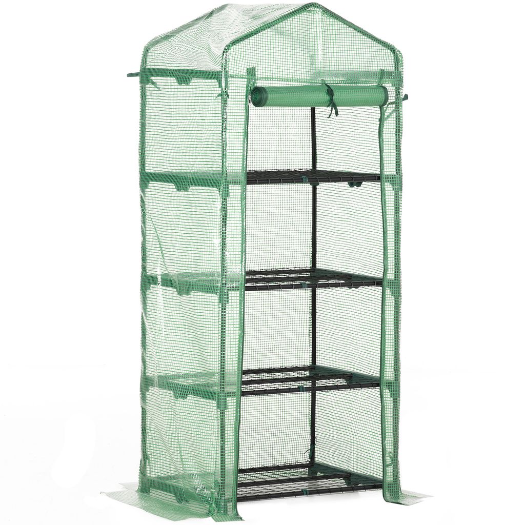 Outsunny Gartengewächshaus, Balkonregal-Gewächshaus, 4 Ebenen, 70 L x 50 B x 160 H cm, verzinkter Stahl, abnehmbare PE-Plane, hohe Dichte, Grün