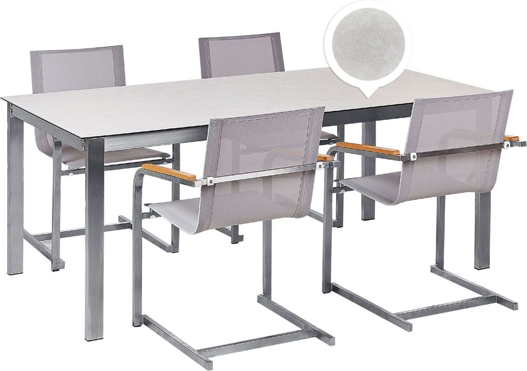 BELIANI Gartenmöbel Set Weiß und Beige Edelstahl 4 Stühle Polyester Tisch 180x90 cm Sicherheitsglas Keramik Gartenausstattung Terrasse Outdoor I...