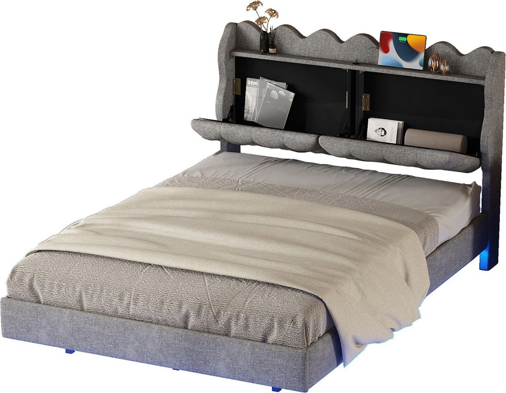 Doppelbett,Polsterbett(Grau,140x200cm)Hängebett,Polsterbett mit Nachtkästchen, Polsterbett mit Lichtleiste, Polsterbett mit USB-Ladeanschluss