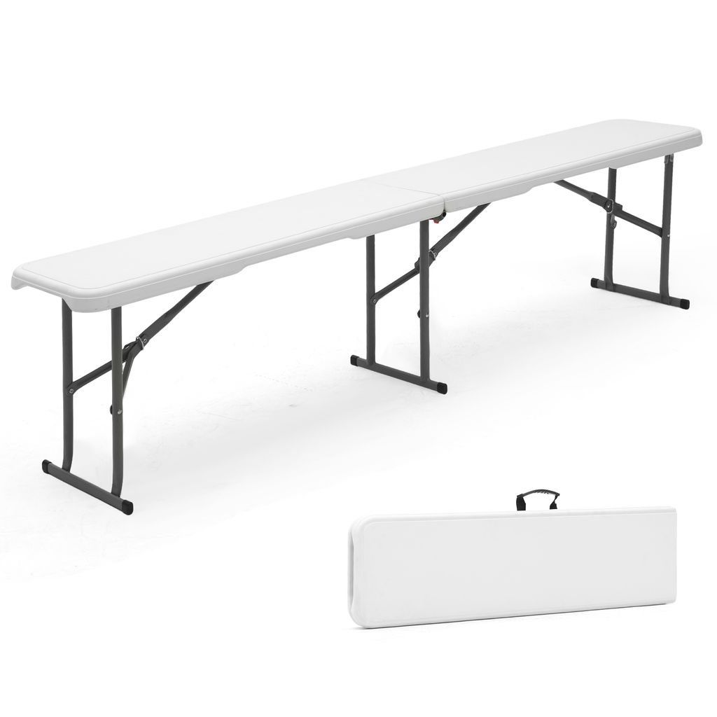 A white folding bench and its folded form are shown against a white background.