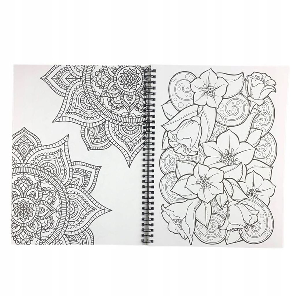 An open coloring book showing intricate mandala designs on the left page and floral patterns on the right page, with a spiral binding visible.