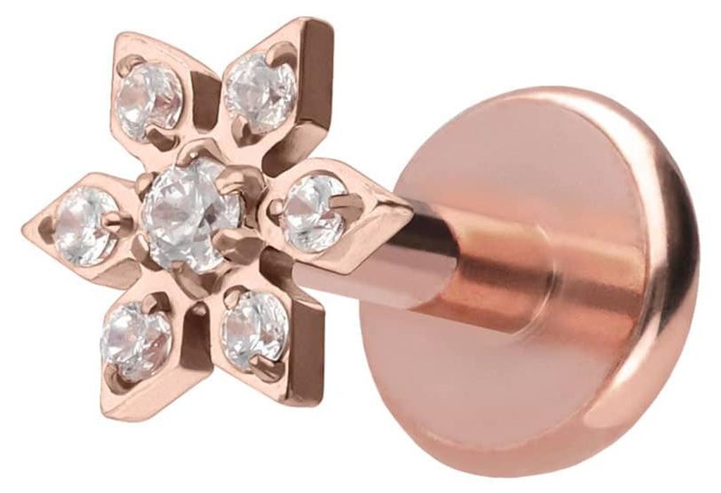 Ohrpiercing, Nasenpiercing Titan Labret mit Push Fit KRISTALLBLUME RoséGold Stablänge: 5mm | Stabstärke: 1mm
