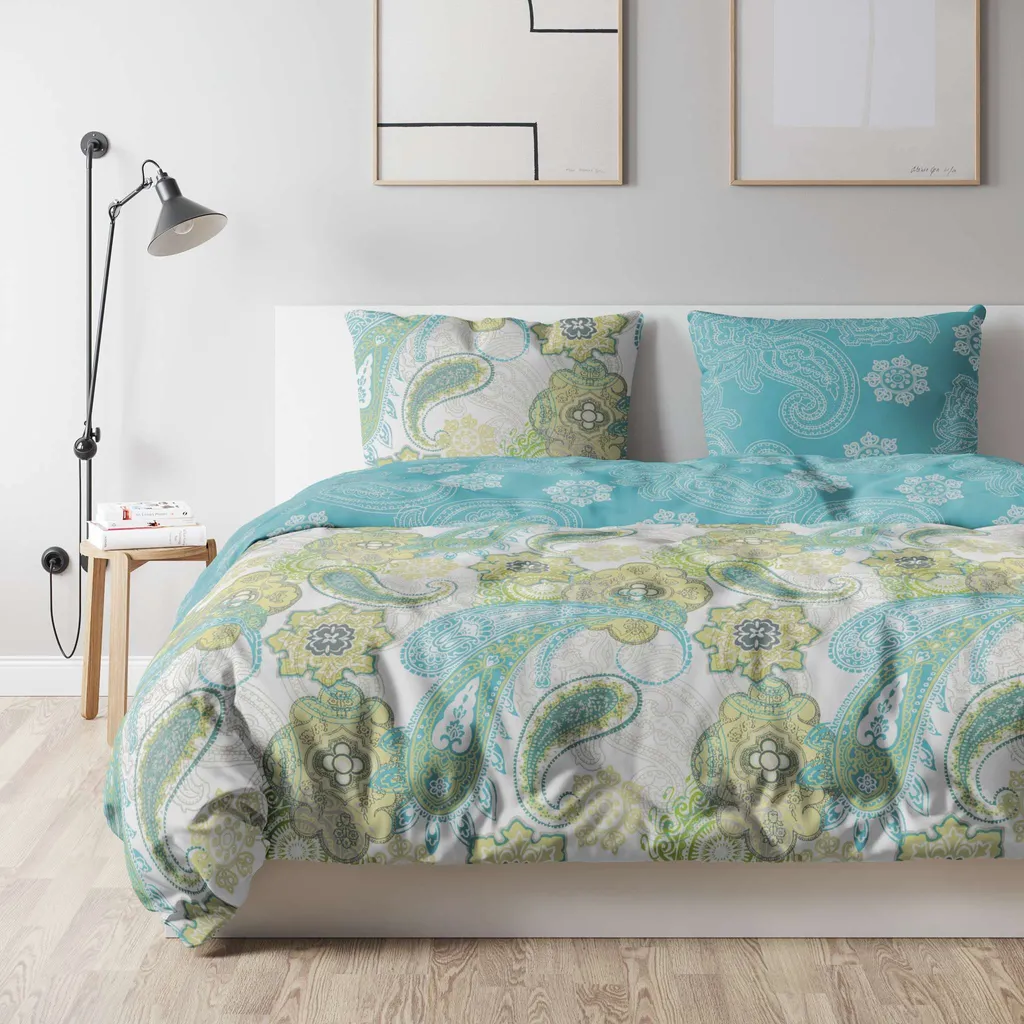 ETÉREA Mako biancheria da letto in raso 200x200cm + 2x 80x80cm - 100% cotone copripiumino Paisley Florina naturalmente morbido - Set di biancheria da letto 200x200cm copripiumino + 2x 80x80cm federa 3 pezzi - OEKOTEX - Verde - 3