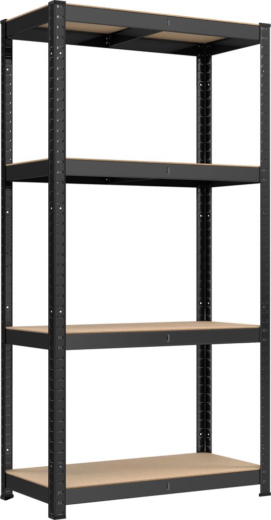 A black metal shelving unit with four wooden shelves, shown against a white background.