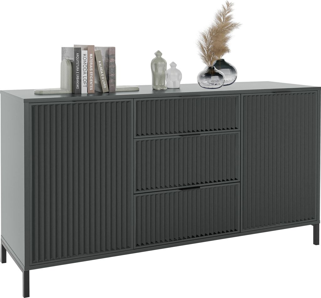 GrekPol Kommode Wave klein Aufbewahrungsschrank mit 3 Schubladen und 2 Türen Vielseitiger Stauraum Kommode Metallgestell Schubladenschrank Sideboa...