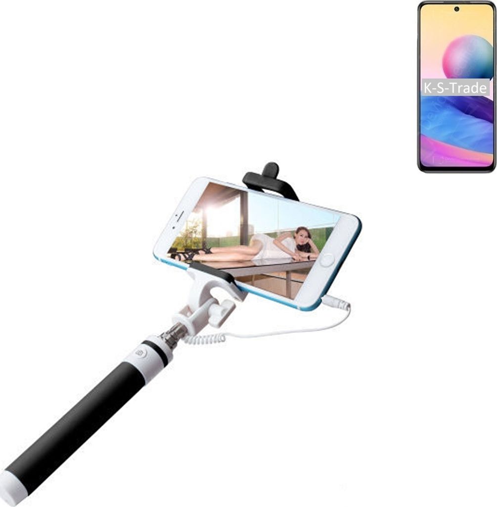 K-S-Trade Selfie Stick kompatibel mit Xiaomi Redmi Note 10 JE Selfiestick kabelgebunden Monopod mit Kabel Stab Stange Selfportrait Handheldstick