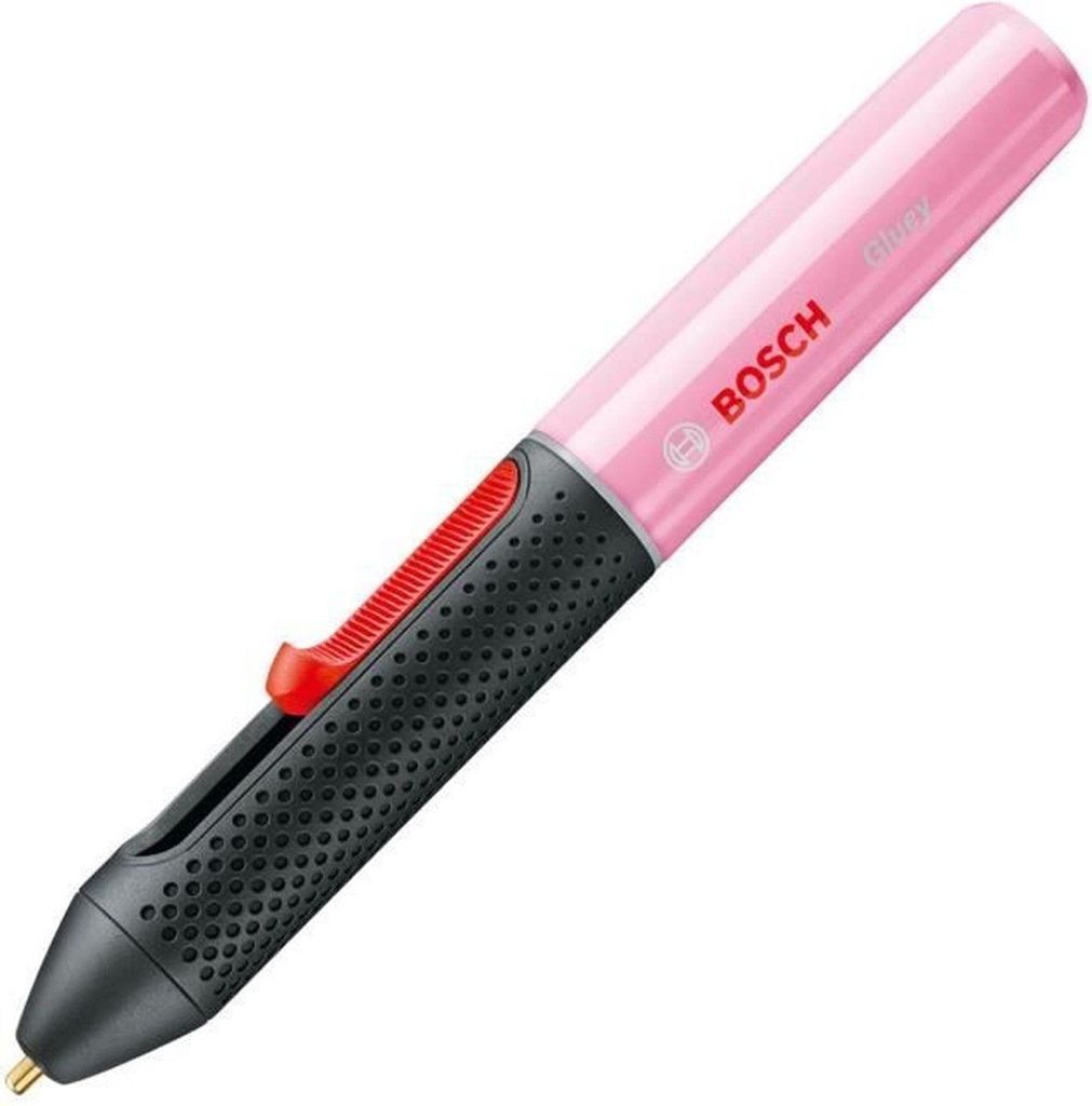 A pink and black cordless glue gun with a red trigger, shown against a white background.