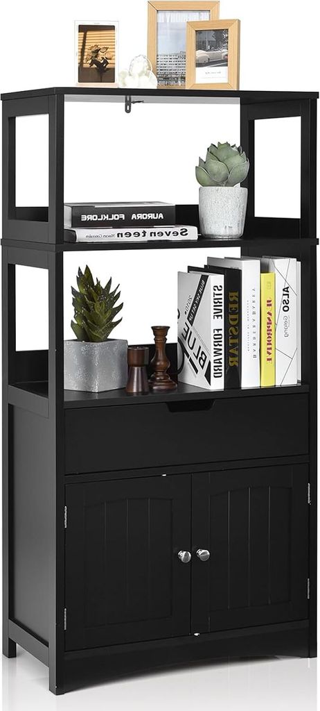 GOPLUS Badezimmerschrank mit Schublade, Badregal aus Holz, Stehregal mit 4 Etagen, Midischrank 2 Türen mit Magnetschluss, Lackiert, Stabil (Schwarz)