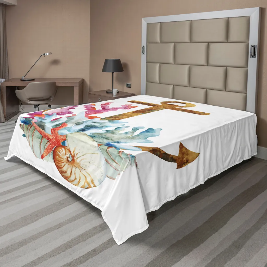 Drap Plat Décoratif Thème Océan et Algues 266x260cm en Tissu Doux Caramel