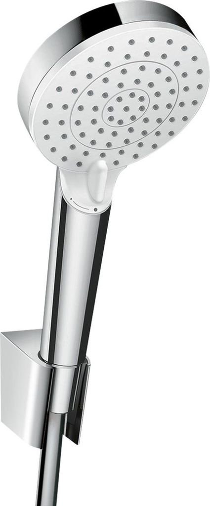 A hand shower head and its wall mount are shown against a white background.