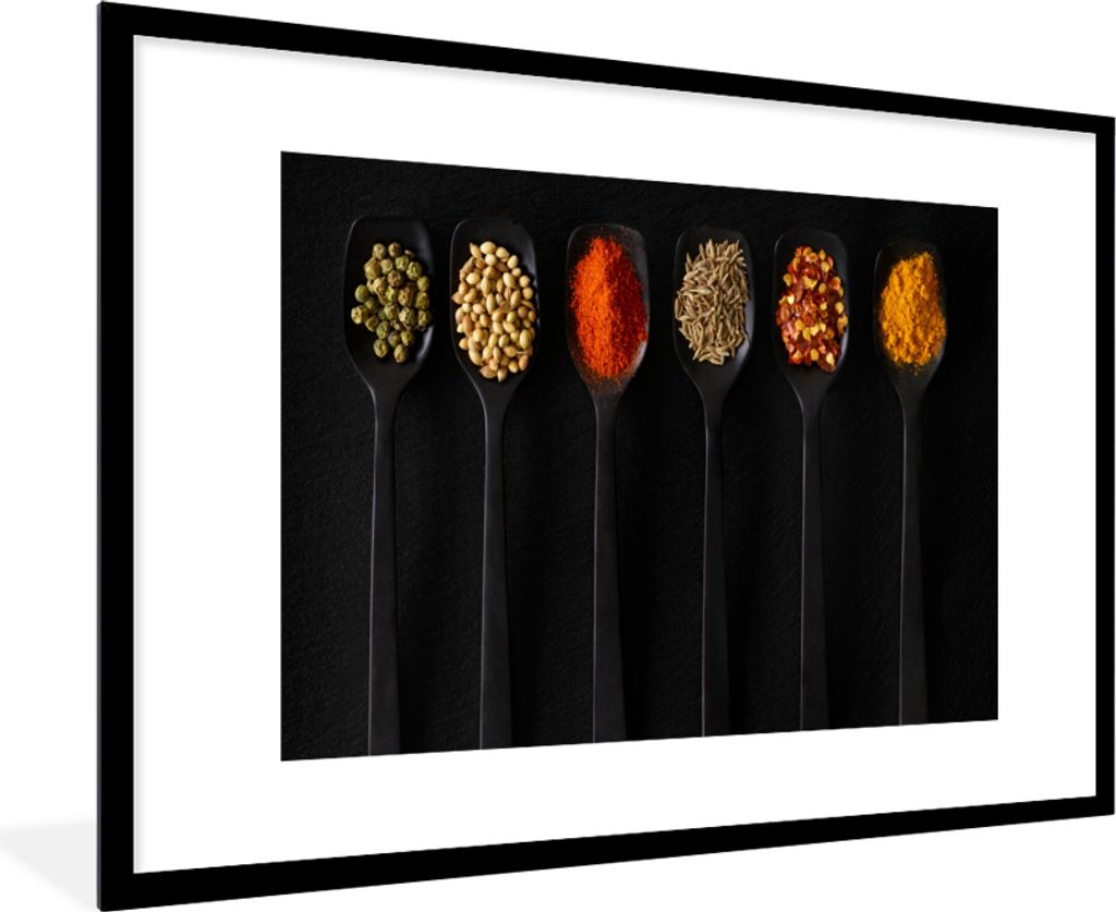 MuchoWow Gerahmtes Poster Löffel - Gewürze - Schwarz - Gewürze - Rustikal 90x60 cm - Poster mit Schwarzem Bilderrahmen Wandposter Rahmen Foto ...