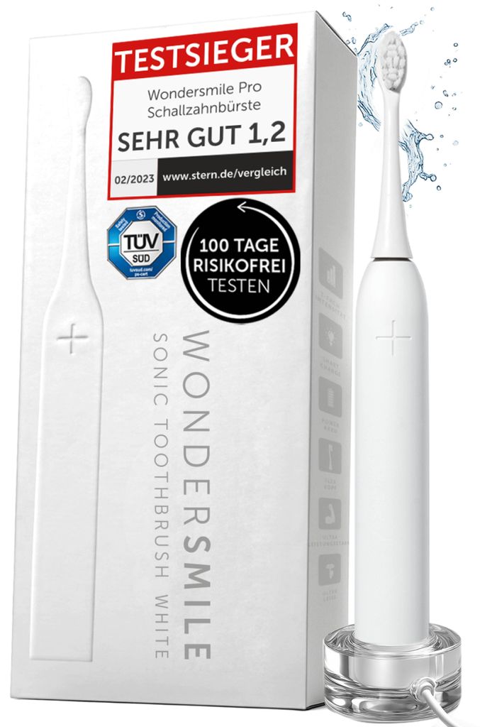 A white sonic toothbrush and its packaging are displayed against a white background. The packaging features promotional text and certifications.