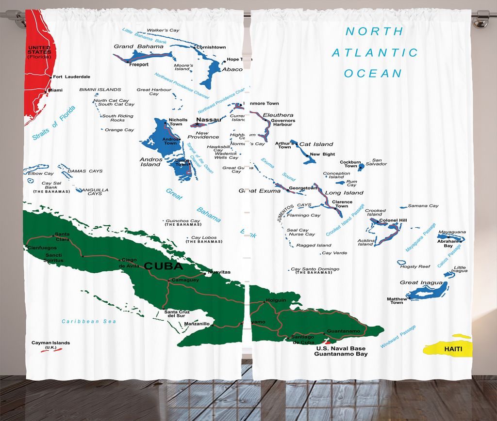 ABAKUHAUS Insel Rustikaler Vorhang, Bahamas Karte Beach Ocean, Wohnzimmer Universalband Gardinen mit Schlaufen und Haken, 280 x 175 cm, Grün Blau Rot