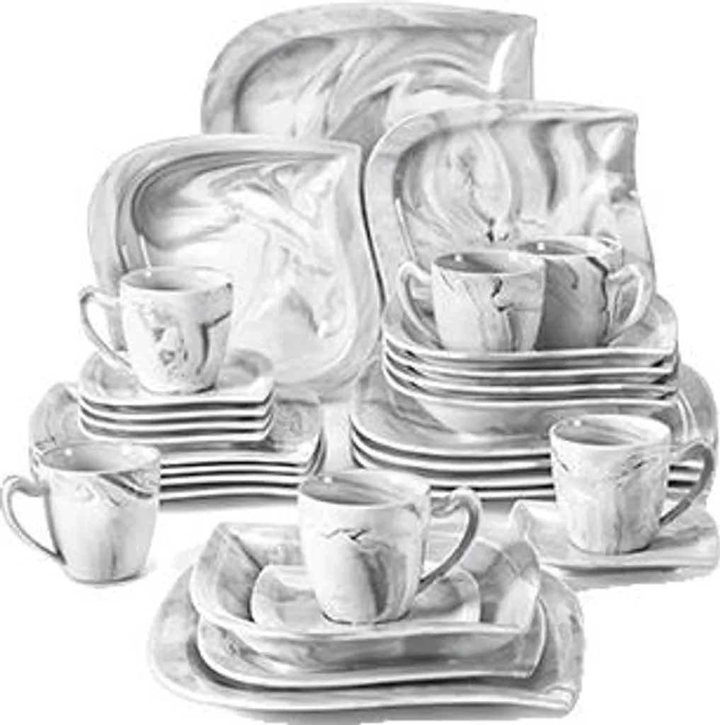 Service de table complet 30 pièces en porcelaine blanche et grise chic