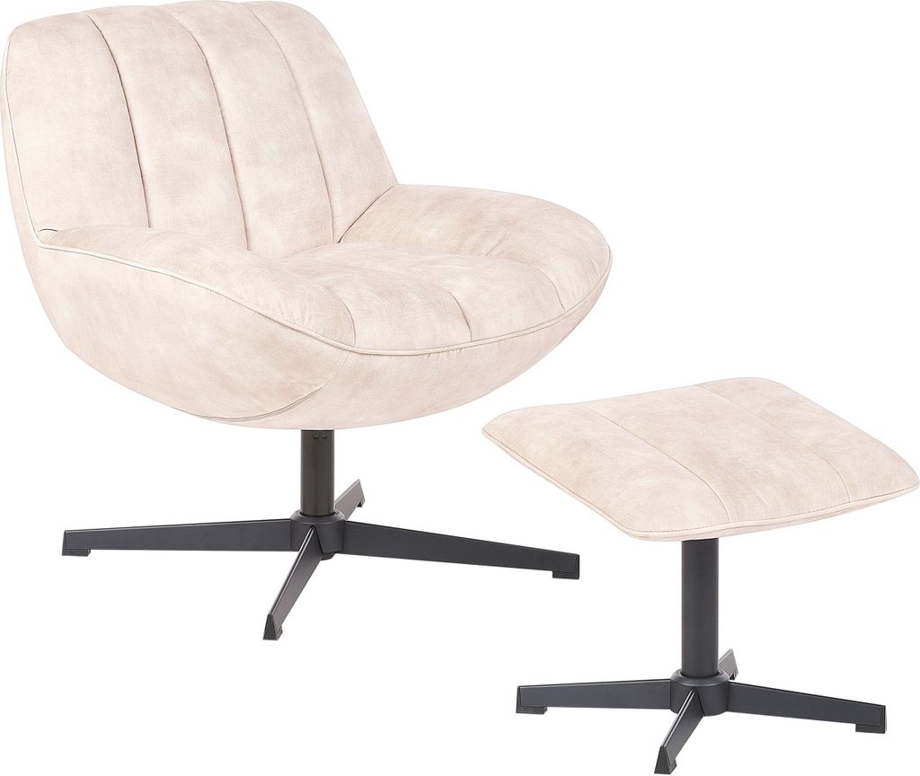 BELIANI Sessel mit Hocker Beige Samtbezug Gesteppt Drehfunktion Dicke Polsterung Ohne Armlehnen Retro Wohnzimmer Schlafzimmer Flur Ausstattung