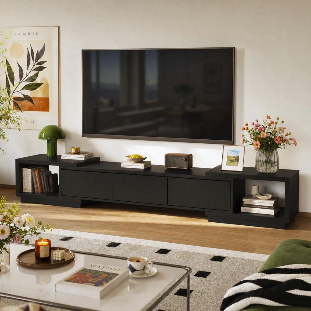 TV-Lowboard ausziehbar 166-270cm Schwarz, Fernsehschrank Produktbild 