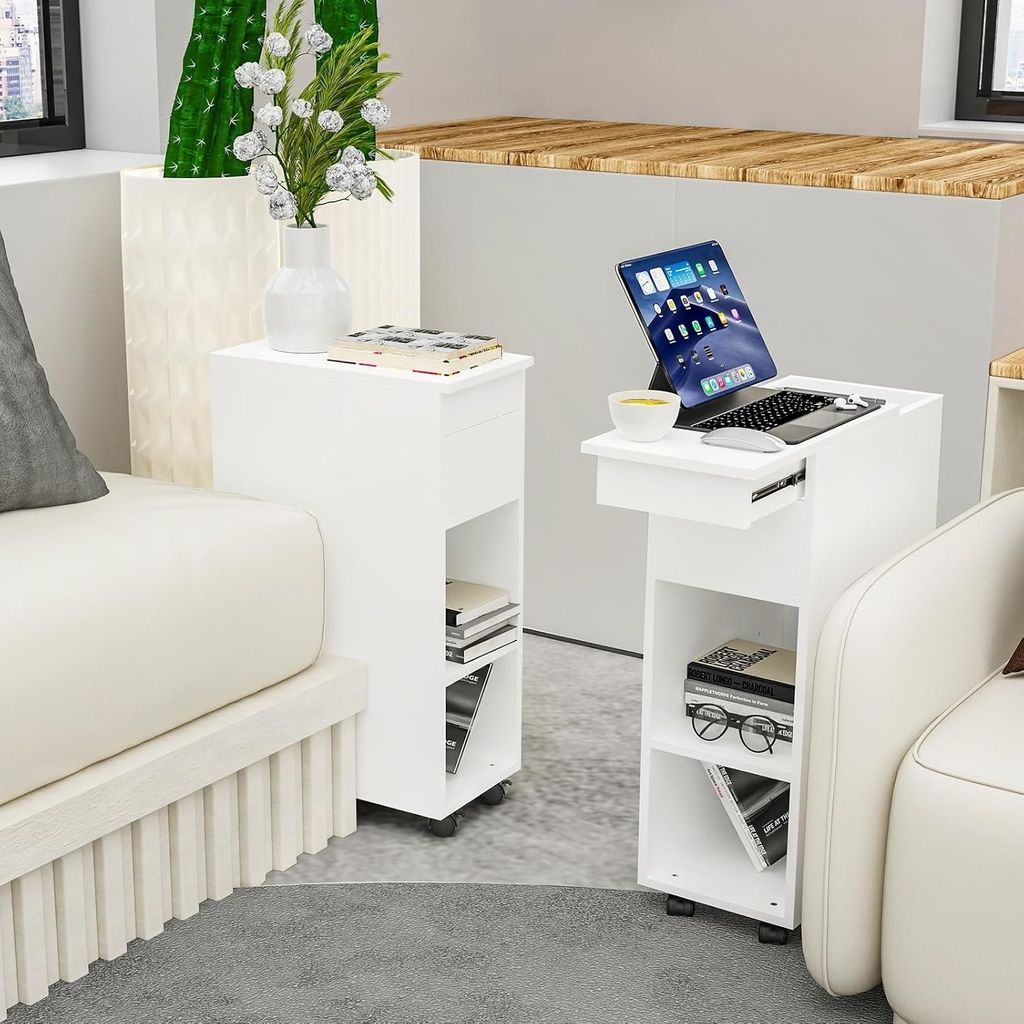 2x Beistelltisch Schmal,Nachttisch Nachtschrank mit Schubladen und offenen Fächern,Schmaler Sofatisch mit Rollen,Couchtisch für Wohnzimmer 45x25x...