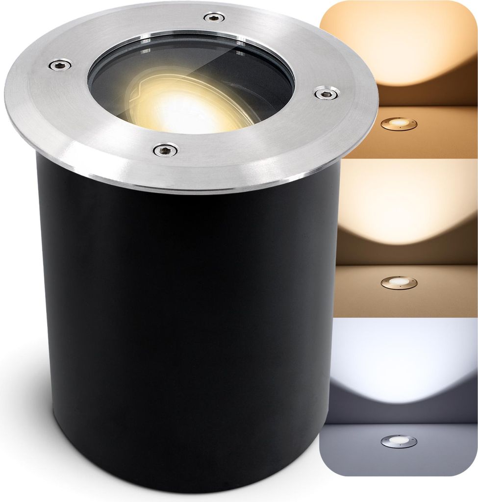 SSC-LUXon JUAVI Bodeneinbaustrahler aussen schwenkbar IP67 - mit LED GU10 3W drei einstellbaren Lichtfarben 3CCT - Bodenspot befahrbar rund rostfre...