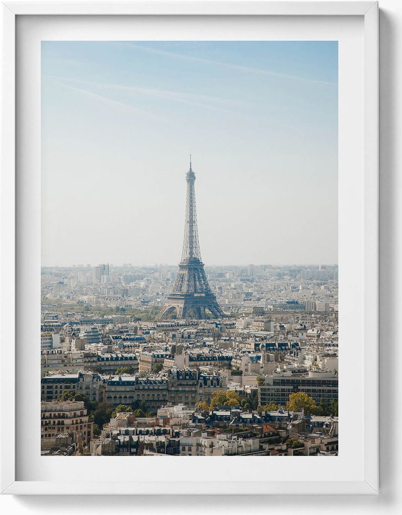 Paris Frankreich Eiffelturm-Panorama– Wandbild mit Rahmen – Gerahmtes Bild – Wanddekoration – 60x80 cm – Weiß Rahmen