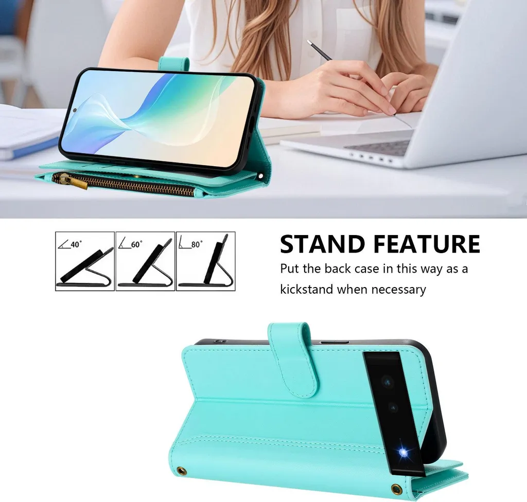 Custodia per Google Pixel 6, con cerniera, portafoglio in Finto cuoio con tasche per carte, supporto e passante verde menta - 2