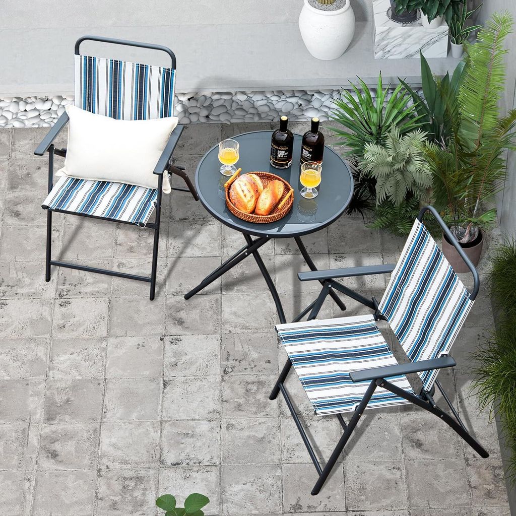 3-teiliges Terrassenmoebel-Set, Bistro-Set aus Metall mit 2 Stühlen & rundem Kaffeetisch aus Glas, Sitzgarnitur mit Tisch für Hof, Veranda, Terra...